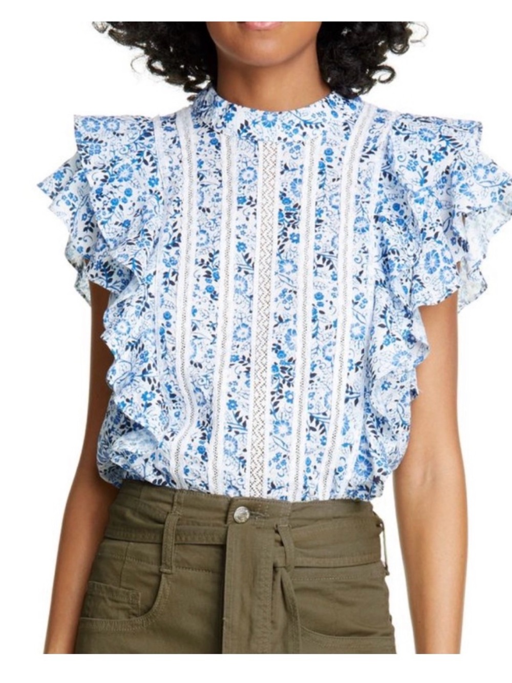 Veronica Beard Blue and White Floral Lace-Trim Ruffle Blouse